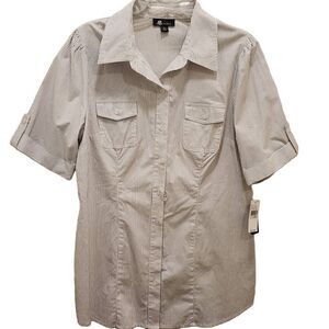 AB Studio Striped Button Front Blouse Woven Watch Pattern Women's Size XL Cotton